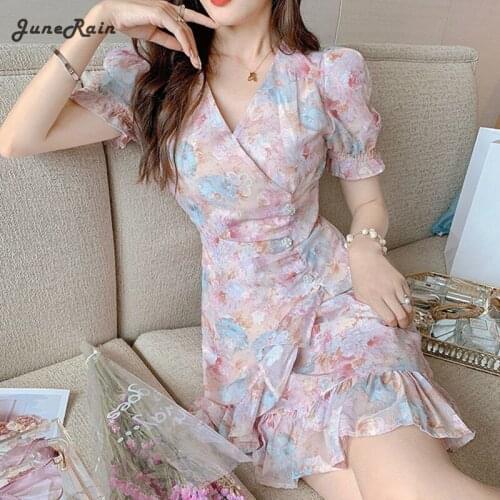 JuneRain Chic Short Sleeve Sundresses for Women Summer Design Sweet Floral Dresses Boho Beach One Piece Dress 2021 V-neck A-line