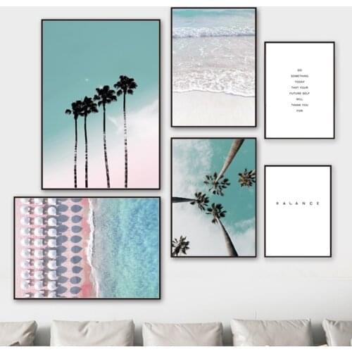 Seascape Nordic Posters And Prints Coconut Palm Tree Pink Beach Sea Art Canvas Painting Wall Pictures For Living Room Decoration