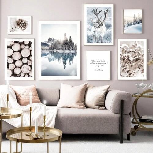 Deer Forest Lake Snow Landscape Winter Wall Art Canvas Painting Nordic Posters And Prints Wall Pictures For Living Room Decor