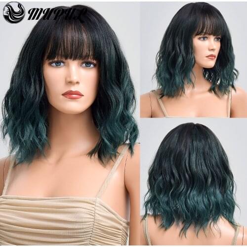 Short Green Wave Ombre Daily Hair Synthetic Wigs For White Women With Bangs Cosplay Heat Resistant Natural Female Fiber Wavy Wig