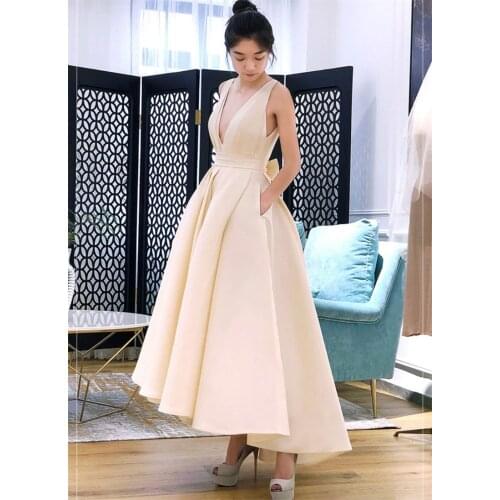 High Low A-Line Wedding Dress 2021 Korean Backless Satin Sexy Deep V Neck Sleeveless Bridal Gowns vestidos de mairee Wedding
