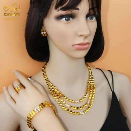 Luxury African Jewelry Set Dubai Gold Plated Layered Necklace Bracelet Ring Earrings Sets Nigerian Vintage Wedding Party Gifts