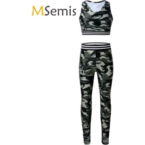 Kids Girls Gymnastics Ballet Dance Costume Racer Back Tanks Bra Tops Crop Top with Leggings Pants Dance Tracksuit Outfit Fitness