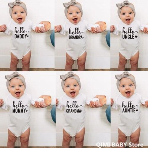 Hello Daddy/Mommy/Grandma/Grandpa Baby Bodysuit Newborn Baby Announcement Clothe Autumn Long Sleeve Baby Boy Girl Onesie Rompers