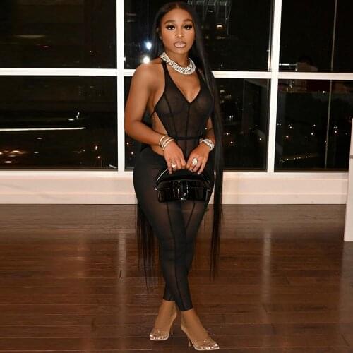 Pure Color Sexy Mesh Sleeveless Halterneck Rompers Women V Neck Backless Skinny Jumpsuit Female Body-shaping Streetwear Catsuit