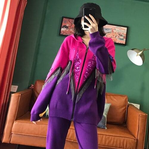 Hooded Patchwork Knitted Set Women Tracksuit 2pc Handwork Sequins Tassel Sweater Pants Outfits Female Loose Knit Suit Streetwear