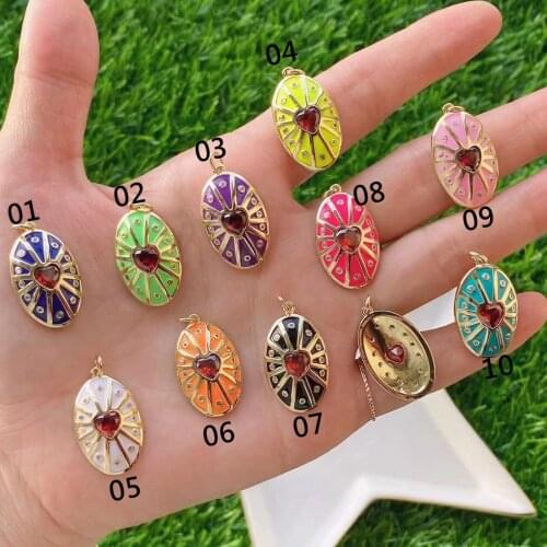 10Pcs Popular Red Crystal Heart Eye In Oval Pendant Enamel Charm Gold Filled CZ Micro Pave Charms, Necklace Bracelet Making