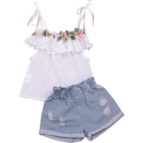 2021 Baby Girl Clothing Sleeveless Ruffled Neckline Lovely Sling Tops with Short Ripped Jeans for Summer Wear 2Pcs Clothes Set