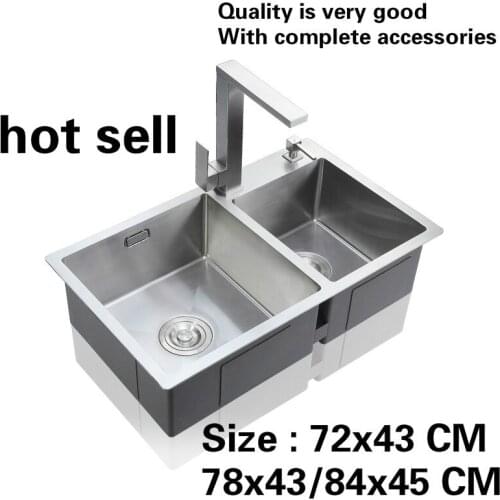 Free shipping Hot sell food-grade 304 stainless steel kitchen manual sink double groove wash the dishes big 72x43/78x43/84x45 CM