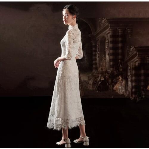 Tea Length Eyelash Lace Wedding Bridesmaid Dress 2021 New Half Sleeves Length Plus Size illusion High Neck Simple Bridal Gowns