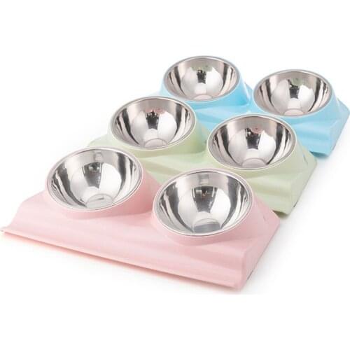 Double Dog Cat Bowls Stainless Steel No Spill Pet Bowl Puppy 15° Tilt Raised Stand Water Food Feeder