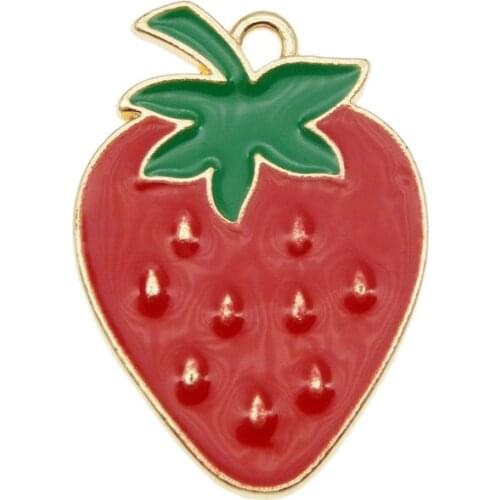 Julie Wang 6PCS Enamel Red Strawberry Charms Alloy Artificial Fruit Gold Tone Pendants Bracelet Jewelry Making Accessory