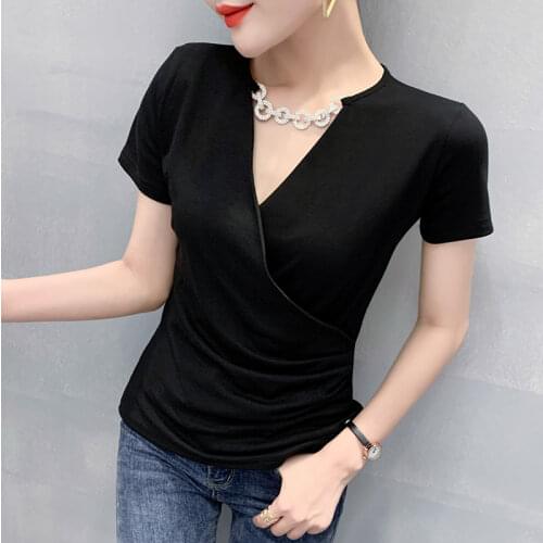 Summer European Clothes Cotton T-Shirt Sexy V-Neck Drape Fashion Solid Chain Women Tops Short Sleeve Casual Tees 2021 T14813A
