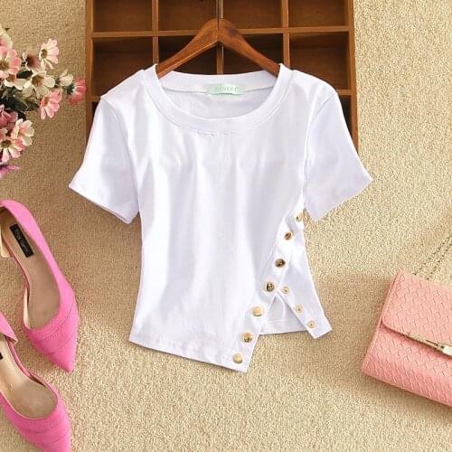 Summer Short Sleeves Cotton Tshirt Korean Chic Casual Tops Womens New Short Personalized High Waist Black White T-shirt 15860