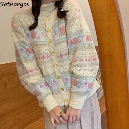 Sweet Tender Cardigans Women Sweaters Loose Floral Cute Elegant Single Breasted Vintage Warm Jumpers Knitwear Teen Mori Girls OL