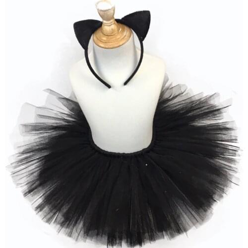 Cute Baby Black Tutu Skirts Girls Ballet Tutus Pettiskirt Underskirts with Cat Hairbow Kids Halloween Party Costume Skirts Cloth