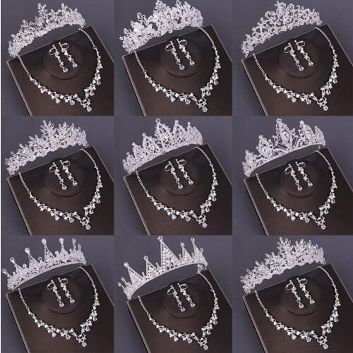 Many Design Silver Color Tiara And Crowns Crystal Pearl Women Hair Jewelry Handmade Princess Diadem Zircon Necklace Earrings Set
