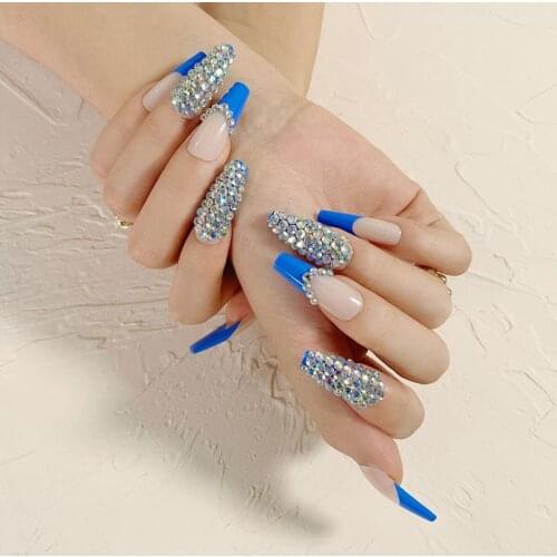 24pcs/Set Extra Long Blue French False Nails Luxury Full Rhinestone Decal Press On Nails Beauty Bride Artificial Ballerina Tips
