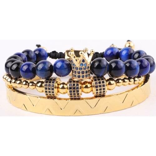 New Design High Quality 316L Stainless Steel Bangle CZ Pave Crown Charms Bracelet Set Men Jewelry Gift