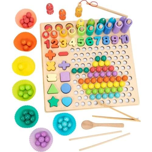 Montessori Educational Wooden Toys Math Fishing Board Game Hands Brain Training Clip Beads Puzzle Math Game for Baby Children
