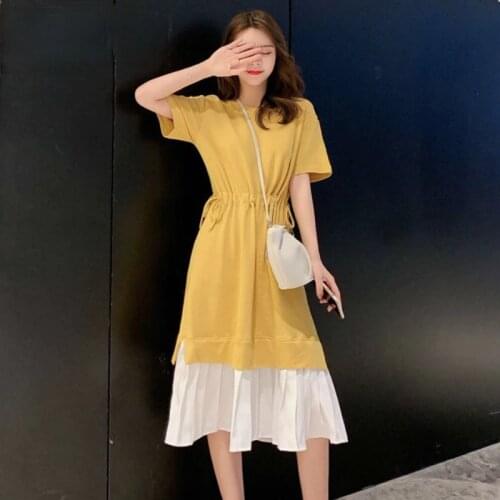 Dress Women Solid Elastic Waist Feke Two-piece Patchwork Summer Dresses Hem Ruffles Ulzzang Oversize Midi Leisure Daily Female