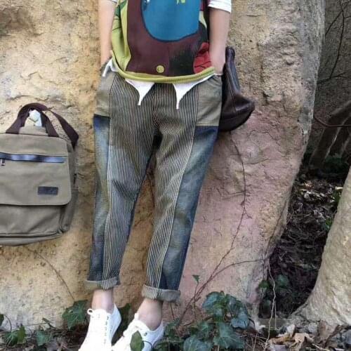 Casual Spliced Stripe Loose Jeans Elastic Waist Vintage Lady Jeans Spring Arts Style Cotton Denim Harem Pants All-Matched