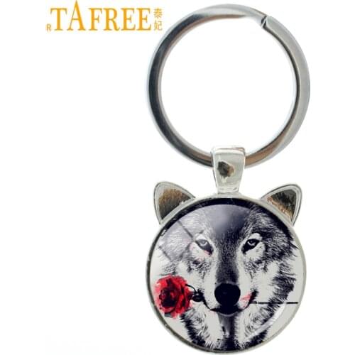TAFREE Vintage Black Wolf With Flowe Rose Keychain Snarl Snow Wolf Keyring Wild Animal Charm Key Chain Ring Holder Jewelry CN782