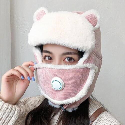 Women men winter Windproof Ski Earflap Hat Cartoon Ear Thick Bomber Hats Corduroy solid Warm Face Cover with Breathing Valve New