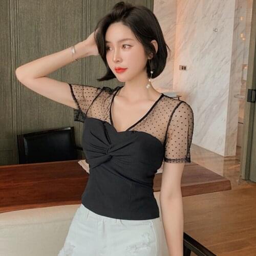 New arrival fashion short tops women summer casual v-neck short sleeve sexy perspective temperament simple wild trend slim tops