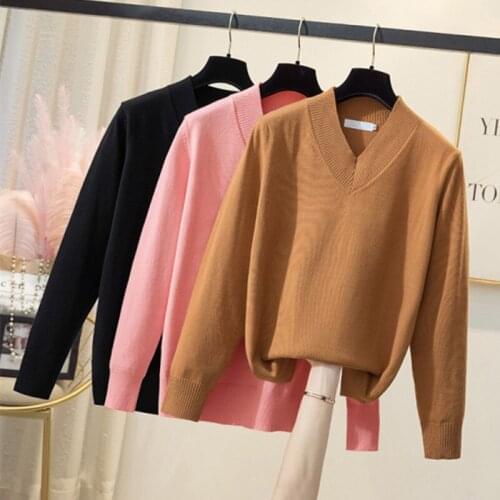 Women Winter sweater 2021 Ripped Solid Pullover Womens New Autumn Korean Style Loose Long Sleeve V-neck Sweater Top