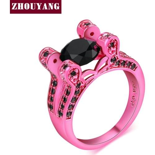 ZHOUYANG 8mm Round-cut Black Crytal Cocktail Party Pink Gold Color Fashion Jewelry Ring For Women Top Quality DD043