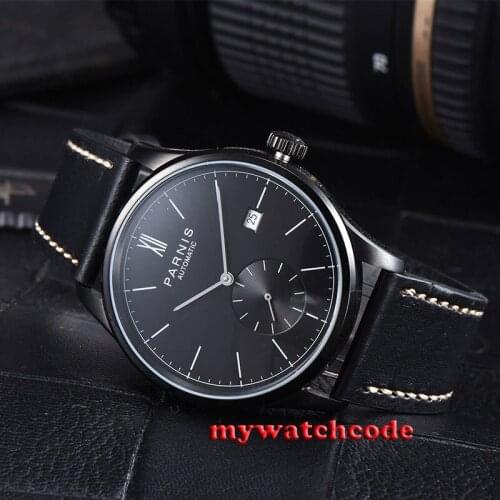 42mm parnis black dial black PVD case date automatic movement mens watch P979