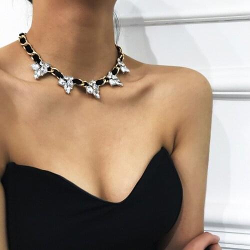 AE-CANFLY 2020 Gothic Crystal Flower Pendant Choker Necklace for Women Vintage Black Velvet Link Chain Necklace Wedding Jewelry