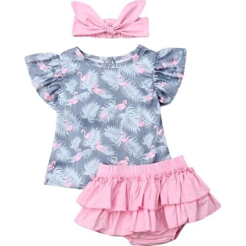 Cartoon Animal Print T shirt Top Pink Ruffles Shorts Headband Newborn Outfit Baby Girl Clothes Set Summer 3PCS