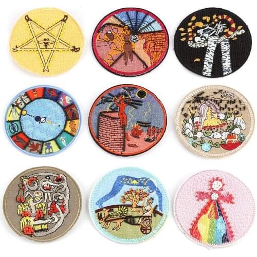 Beaded Oil Painting Life Scenes Embroidery Patches Iron On Patch For Clothing DIY Stickers Sew On Clothes Jacket Round Appliques
