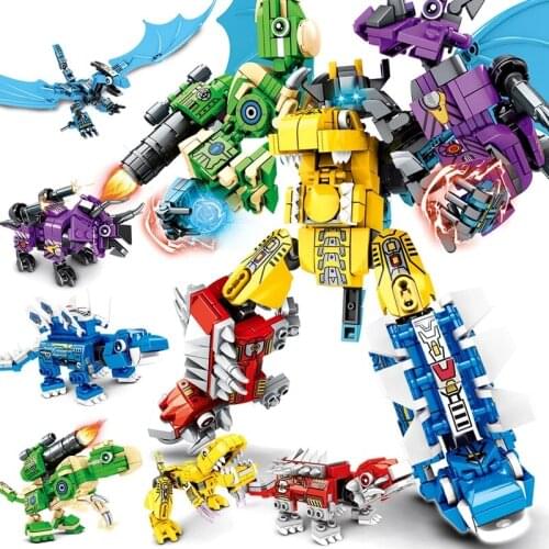 Assemble 6IN1 Robot Dinobots Building Blocks Toys Dinosaur Tyrannosaurus Velociraptor Pterodactyl Triceratops Brick Toy for Boys
