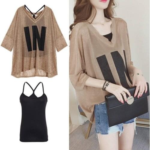 Summer Clothes 2021 Womens T-Shirt Fashion Loose Sling Two-piece Thin Short Sleeve O-neck Sunscreen Printing Letter Top Y752