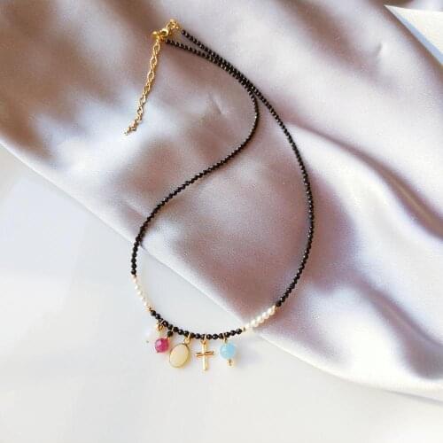 Lii Ji Genuine Stone Choker Necklace Ruby Spinel 9K Yellow Gold Australian White Opal Charm US 14K GF Cross Delicate Necklace