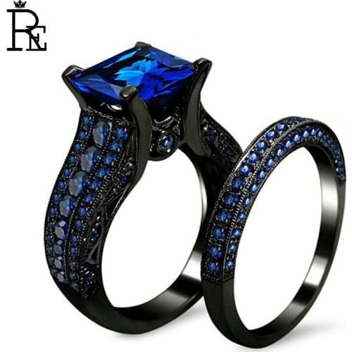 High Quality Copper AAA Cubic Zirconia Ring Set Black Gold Color Filled Square Blue Crystal Stone Wedding Engagement Finger Ring