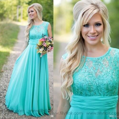 New Arrival Turquoise Long Chiffon Bridesmaid Dresses 2016 Scoop Neckline Lace Top V Backless Bridesmaid Dress For Wedding 2016