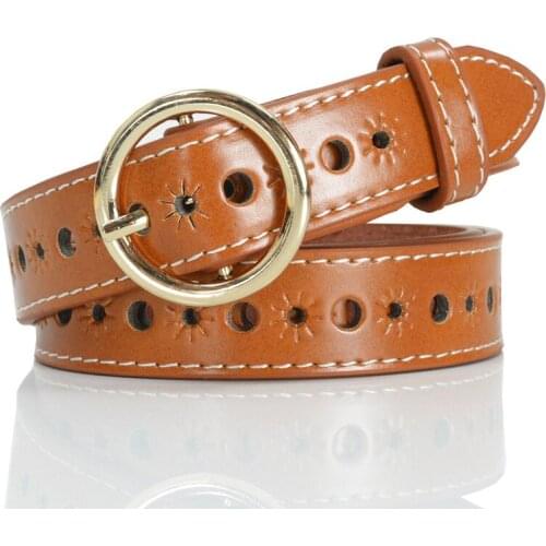 Double Ring Round Circle Belt Women Gold Buckle Faux Leather Belt Ladies Thin Wild Pin Buckle Hollow Out Korean Fashion Belt