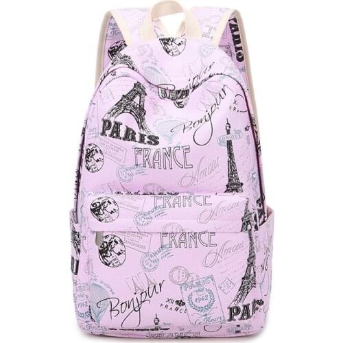 NEW 2021 Eiffel Tower Backpacks Cartoon Flower Printing School Bags Backpack Canvas Schoolbags for Teenage Girls Students Bag