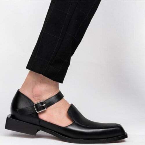 Genuine Leather Sandals Summer Men Dress Shoes Fashion Square-Toe business sandals Hollow Breathable British Trend Mens Sandals