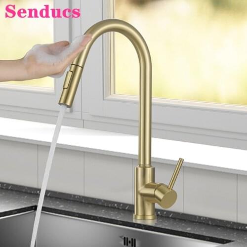 Touch Kitchen Faucets Senducs Brushed Gold Pull Out Kitchen Mixer Tap Hot Cold Smart Sensor Touch Kitchen Mixer Faucet