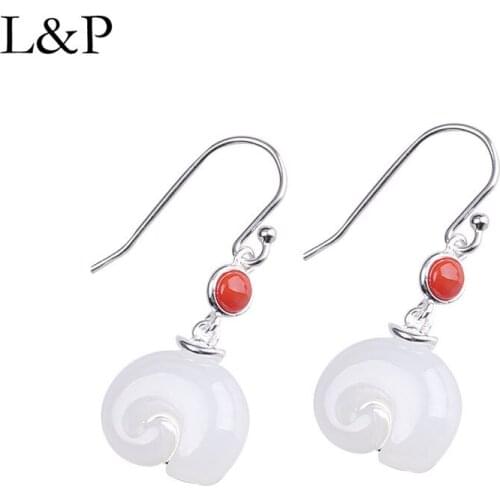 L&P Real Silver Earrings For Lady Elegant Natural White Jade Handmade Little Elephant Drop Earrings Fine Jewelry For Anniversary