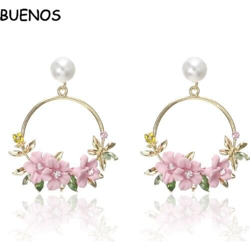 BUENOS Fashion Cute Pink Flower Earrings For Women Girls Jewelry Female Rhinestone Gold Metal Round Circle Drop Earrings Brincos