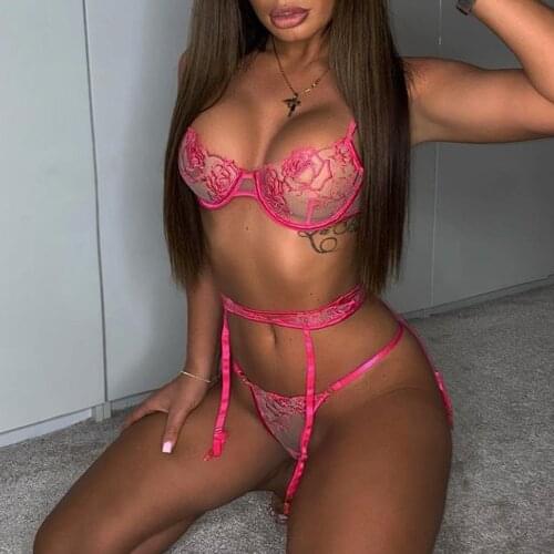 Mesh Embroidery Rose Bra Underwear Set Sexy Sensual Lingerie Women Lace Perspective Bras Garter Belt Set Erotic Lingerie Push Up