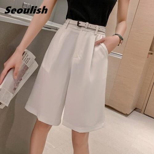Chic Summer 2020 Workwear Formal Half Pants with Belt High Waist Wide Leg Pants Korean Style Elegant Loose Trousers Pocket