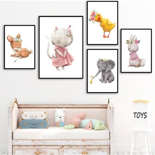 Elephant Duckling Fawn Bunny Kitten Fox Wall Art Canvas Painting Nordic Posters And Prints Wall Pictures Baby Kids Room Decor