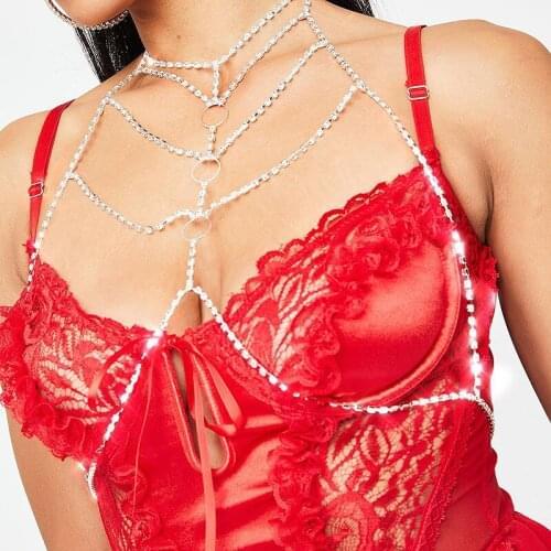 StoneFans Charming Shiny Rhinestone Bra Chain Women Round Luxury Crystal Breast Chain Necklace Statement Party Body Jewelry